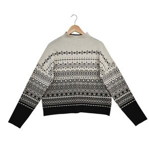 Joie Womens Black White Fair Isle Mock Neck Sweater XL Geometric Boho Pullover